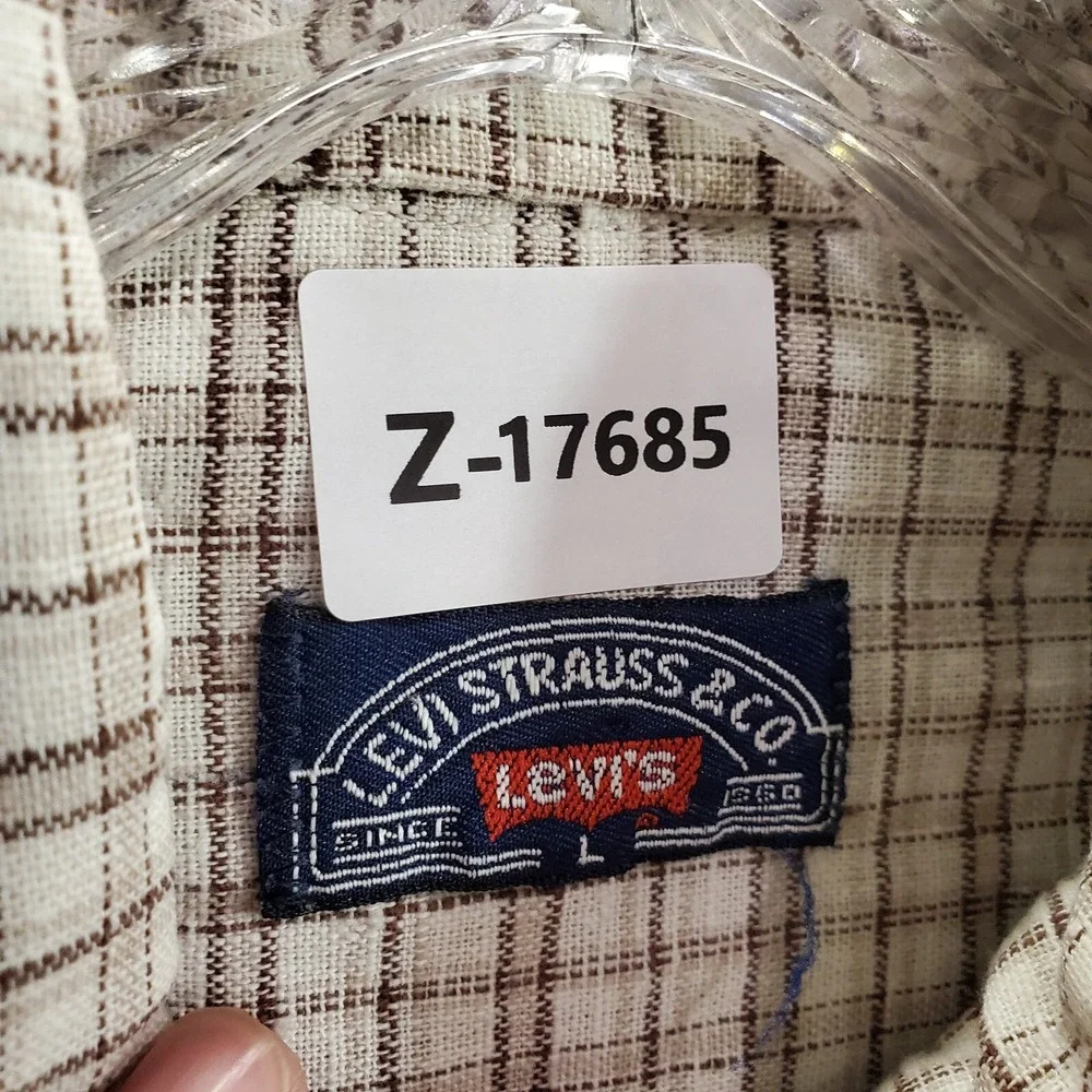 VINTAGE Levi Men Button Up Shirt Large Beige Checkered Plaid‎ Long Sleeve 80s